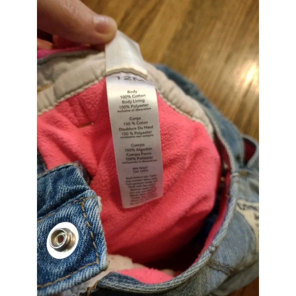 OshKosh Bgosh Baby Girls 12M Denim Overalls Pink Fleece Lined Winter Bibs